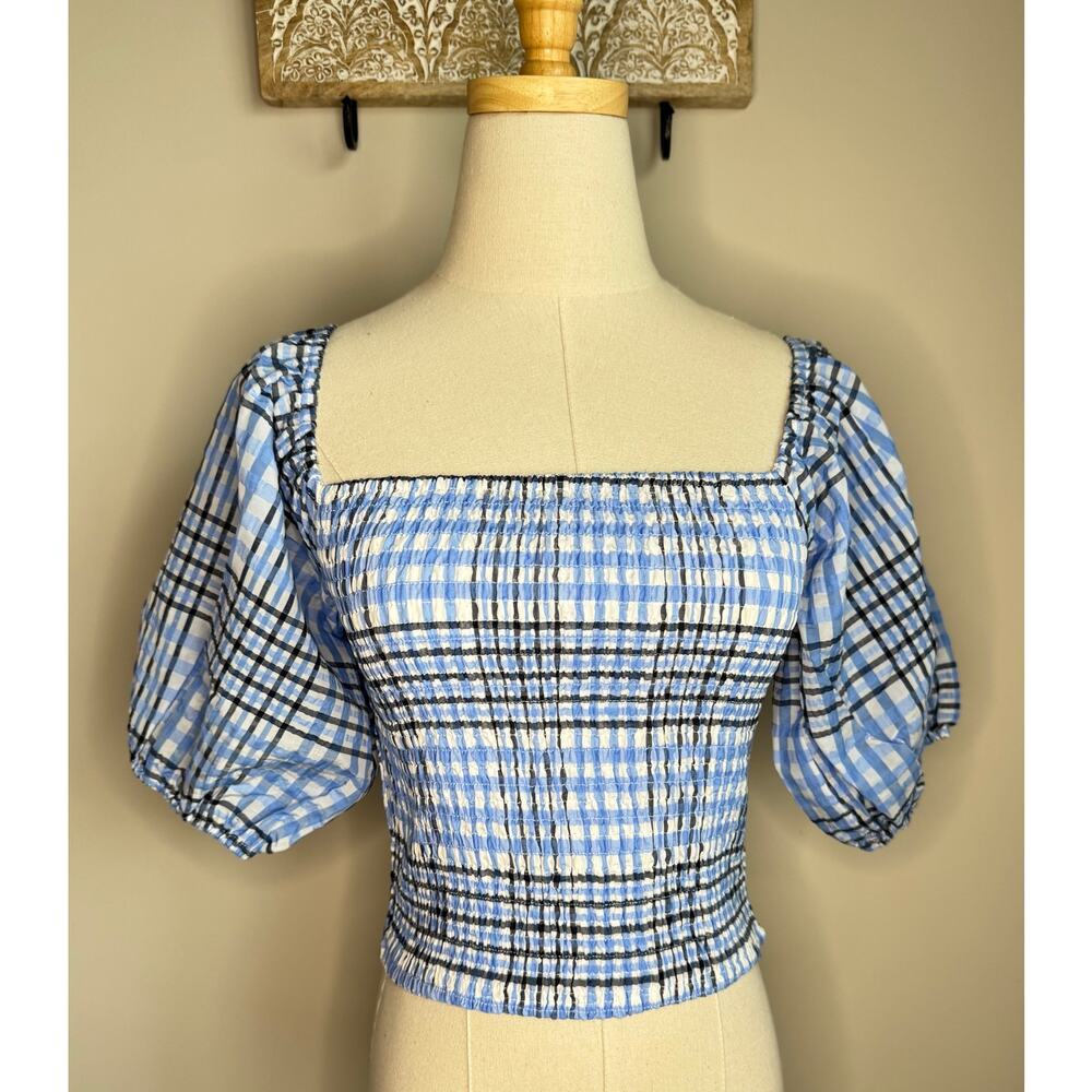 Lulus Delightful Disposition Plaid Puff Sleeve Top sz M